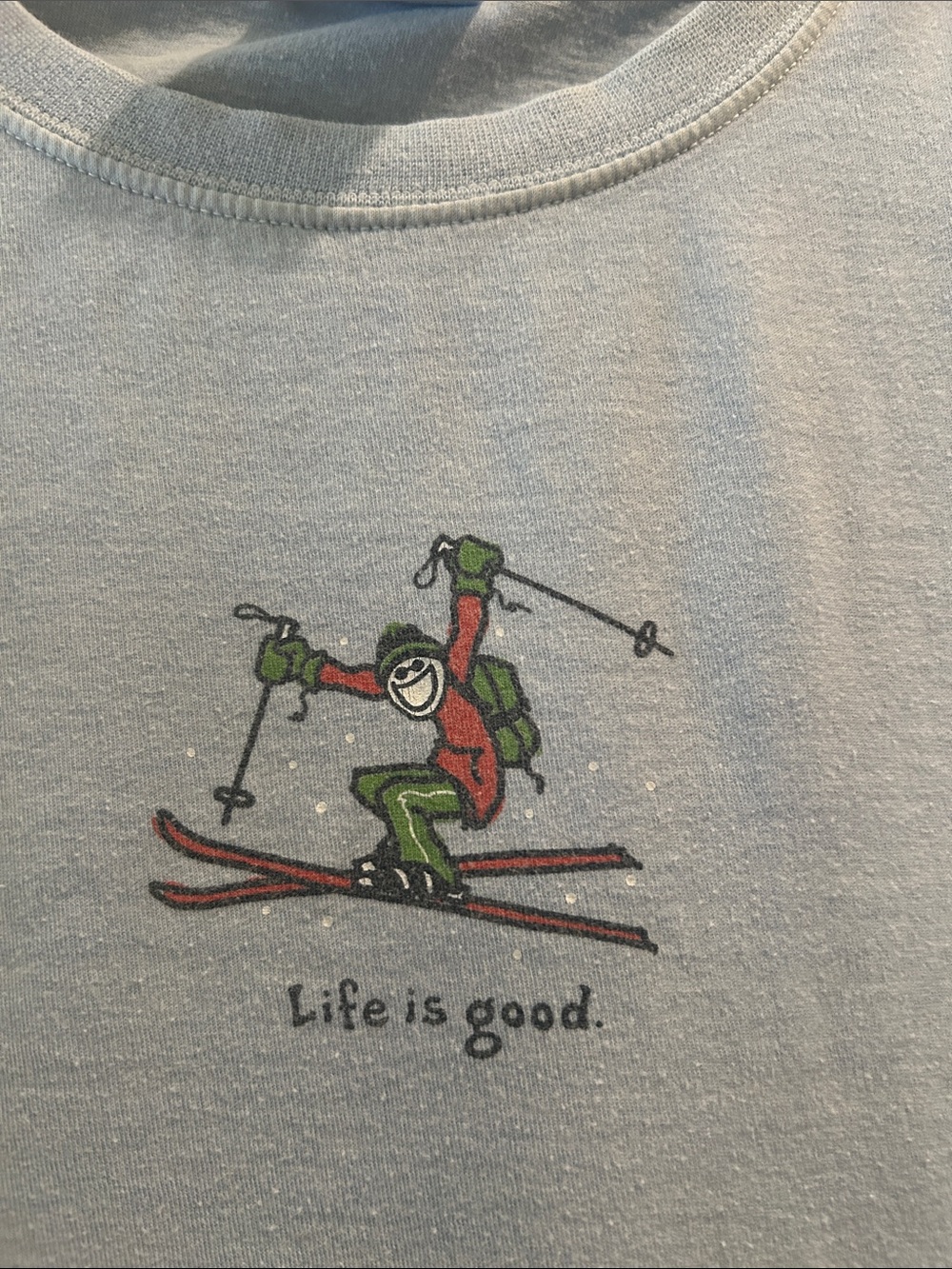 Life Is Good Light Blue Long Sleeve Tee T-Shirt with Skiing Logo women’s size L